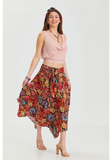 Beli Bağlamalı Salaş Midi Kloş Etek Siyah