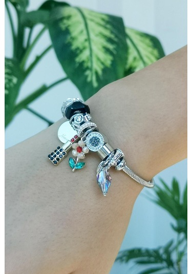 Allmisse Siyah Renk Çiçek Charmlı Çelik Bileklik