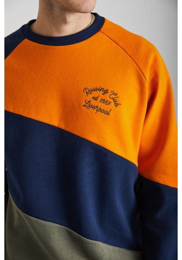 Colway Erkek Organik Pamuk Renk Bloklu Nakışlı Içi Polarlı Lacivert/haki/turuncu Sweatshirt