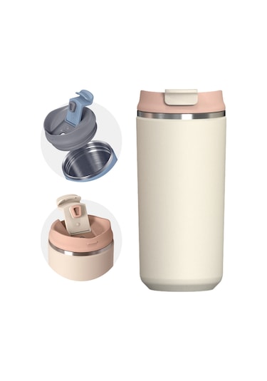 Mini 304 Paslanmaz Çelik Araba Kahve Fincanı Çift İçki Kapağı Sızdırmaz Vakum Kahve Termos Fincanı 240 Ml Süt Beyazı