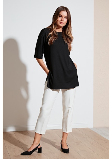 Lela Oversize Bisiklet Yaka Yırtmaç Detaylı Bayan Bluz 5869000 Siyah