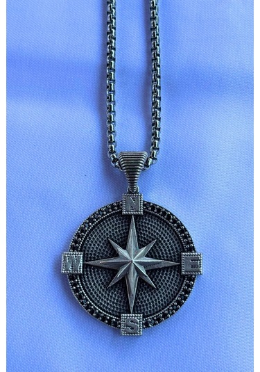 Pusula El İşçiliği Paslanmaz Çelik Zincir Erkek Kolye Gümüş