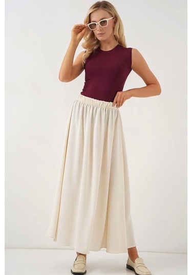 Defymoda Uzun Ayrobin Etek 8050 - Krem Krem