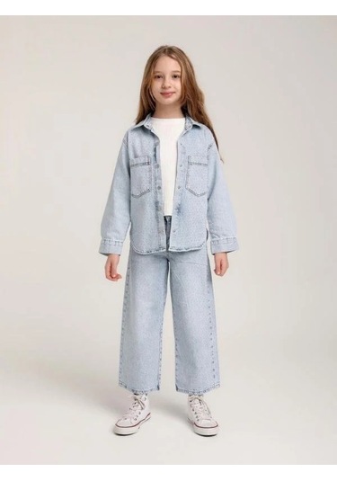 Kız Çocuk Taşlı Tasarım Kot Ceket-15581 Mavi
