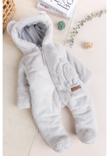 Premium Kalite Peluş Pamuk Penye Astarlı Ayıcık Fiğürlü Kışlık Kız-erkek Bebek Tulum Bej