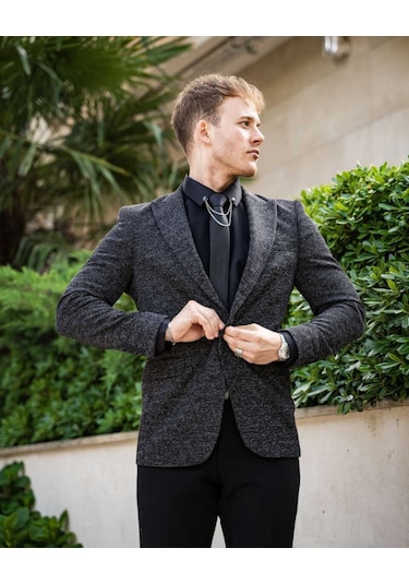 Bys Beystil Sivri Yaka Kırçıllı Siyah Blazer Ceket Britanya -slim Fit