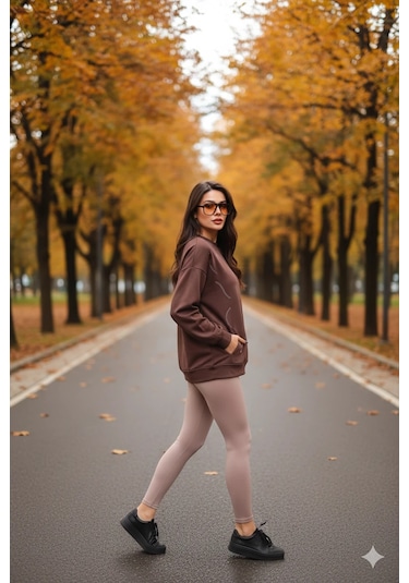 Cemo Günlük Uzun Kollu Bisiklet Yaka Basic Bluz/sweatshirt Kahve