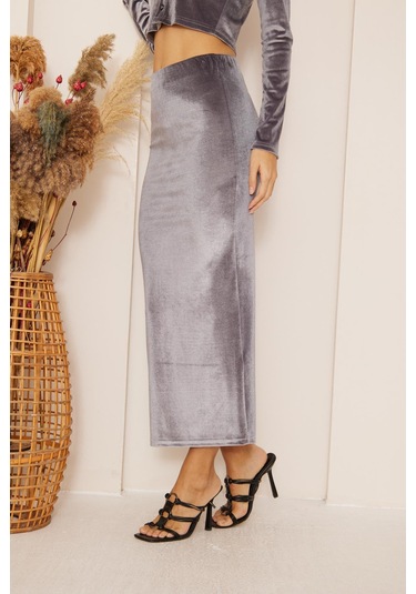 Kadın Antrasit Kadife Maxi Boy Etek Dm2026 Antrasit