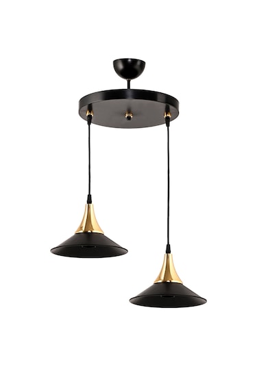 Dede İkili Embudo Tepsili Avize Gold Huni Japon Şapkalı Siyah2