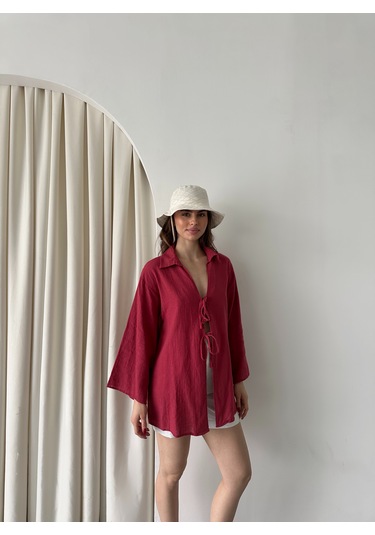 Bordo %100 Keten Bağcık Detaylı Kimono Bluz - 5218 Bordo