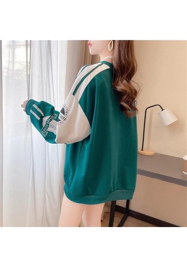 Novahub Yeşil Gevşek Dikiş Hoodie Kadın Yuvarlak Boyun Kadın Hoodies & Sweatshirt Sonbahar Kış Üstü Yeşil