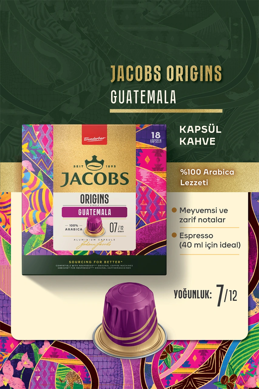 Jacobs Origins Guatemala Nespresso Uyumlu Alüminyum Kapsül Kahve 18'li Kapsül Kahve