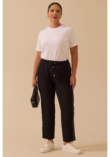 Kadın Büyük Beden Fitilli Bilek Boy Pantolon - Siyah 4358748
