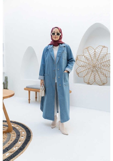 Neways 6655-kuşaklı Denim Ceket Mavi Mavi