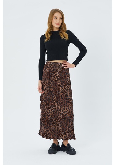4619 Kadın Leopar Desen Kraşlı Saten Etek Kahve Kahve