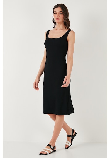 Lela Streç Slim Fit Kare Yaka Kalın Askılı Midi Boy Bayan Elbise 5866102 Siyah