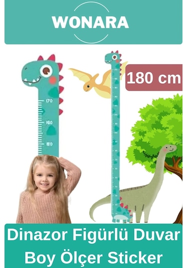 Özel Üretim Çocuk İçin Dinazor Figürlü Çift Taraflı Yapışkanlı Silinebilir Duvar Boy Ölçer Sticker