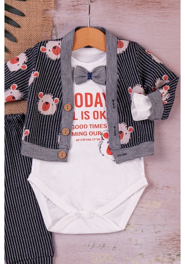 Papyonlu Bear Çizgili Model Ceketli 3'lü Erkek Bebek Takımı Siyah