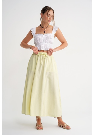 Mixray 4633 Kadın Yandan Cepli Parçalı Etek Pastel Sarısı Sarı