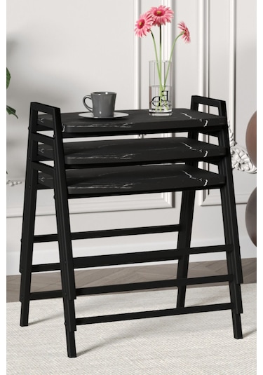 Zigon Sehpa , Aden 3'lü Tepsi Zigon Sehpa Takımı Siyah Metal - Siyah Mermer Tabla Siyah-siyah Mermer