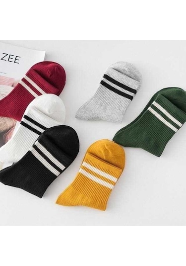 Unisex 6'lı Karışık Renkli Çizgili Tenis Çorabı Diğer