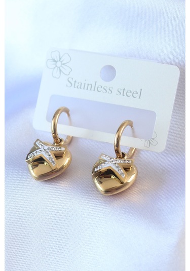 Zarif Kadın İçin Golden Çelik Zirkonlu Kalp Küpe