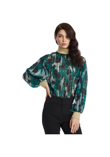 Parlak Detaylı Desenli Balon Kol Bluz Modern Yaka Ve Lastikli Bilek Tasarımıyla Şık Seçim Petrol