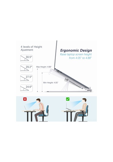 Kangvka Alüminyum Ergonomik Dizüstü Bilgisayar Tutucu, 4 Seviye Yükseklik Ayarı, 8-17.3 İnç Uyumlu, Soğutma Özelliği, Taşınabilir Klip Gümüş