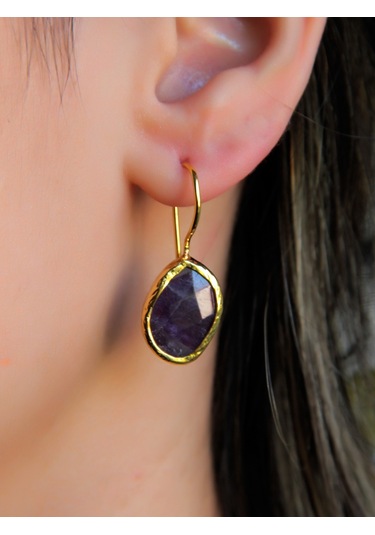 Doğal Taş Ametist Taşı Kadın Doğal Taşlı Küpe Gold Euku3ag Mor