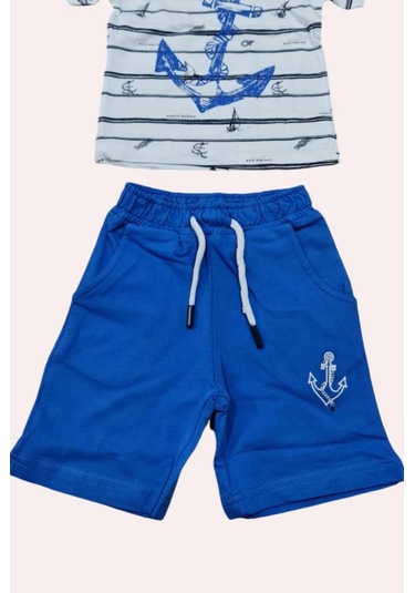 Riccotarz Erkek Bebek Çapa Baskılı Kısa Kol Çizgili Tişört Mavi Şortlu Takım Mavi