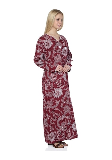 Uzun Kol Şile Bezi Baskılı Uzun Elbise Çınar Desen Bordo