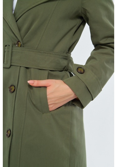 %100 Pamuk Ekstra Uzun 120cm Kruvaze Kadın Trençkot 1121 Haki