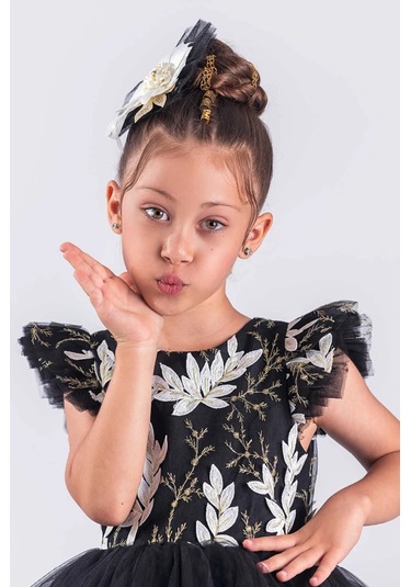 Kız Çocuk Elbise Tütü Etek Nakışlı Siyah Beyaz