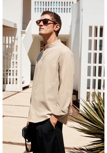 JEZER Erkek Hakim Yaka Uzun Kollu %100 Pamuk Regular Fit Bej Gömlek
