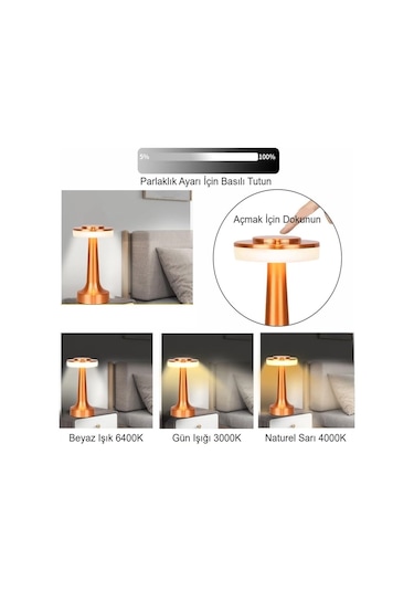 Hymark Retro Şarjlı Dekoratif Dokunmatik Metal Masa Lambası 3 Ren