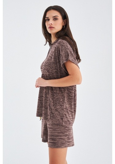 Peraluna Kaıra Blouse & Shorts Kapüşonlu Yazlık Kadın Triko Şort Kahve Kahverengi