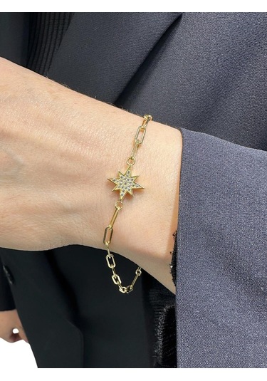 MaGold İtalyan Ataç Zincir Kutup Yıldızı Çok Şık Altın Bileklik Altın Sarı Altın