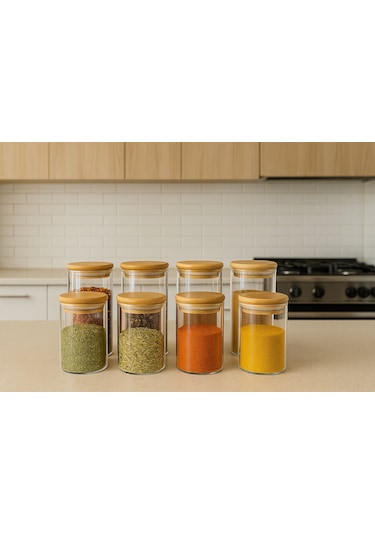 8 Lı Baharatlık Setı 70 X 100-70 X 150-bambu Kapak-cam Baharatlık-300 Ml-500ml Beyaz