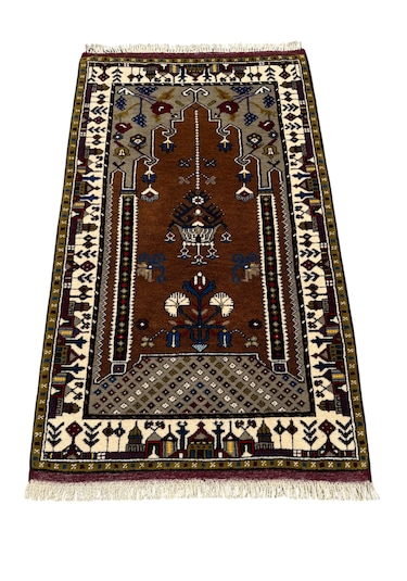 El Dokuma Kök Boya Seccade Yahyalı 84x140 Yün Kahve Namazlık