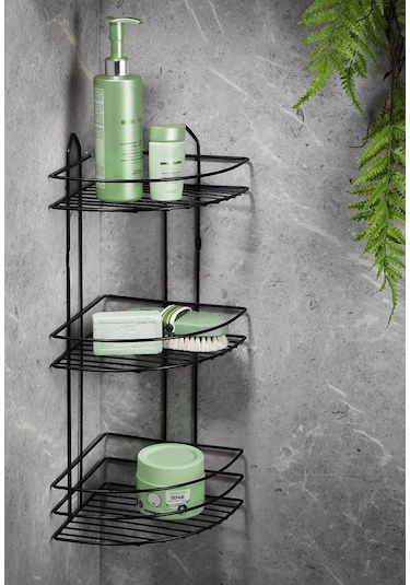 3 Katlı Siyah Yapışkanlı Banyo Köşeliği Düzenleyici, Şampuanlık, Paslanmaz Metal Köşelik Duş Rafı - EK-03