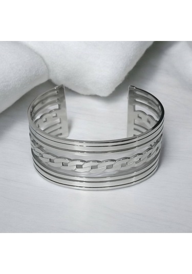 Kadın Çelik Ortası Zincir Detaylı Kalın Kelepçe Bileklik Gümüş Renk Çelik