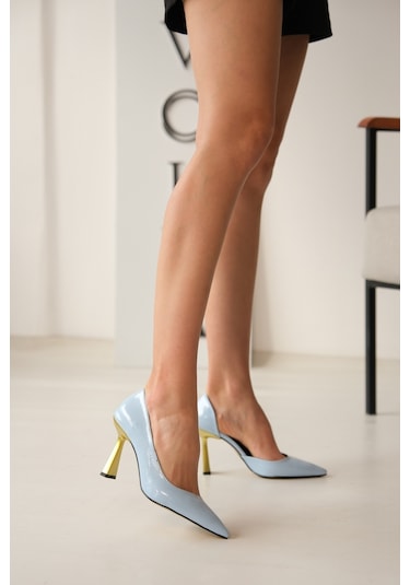 Scarlet Bebe Mavi Kırışık Rugan 8cm Topuk Boyu Günlük Kullanım Stiletto Bebe Mavi