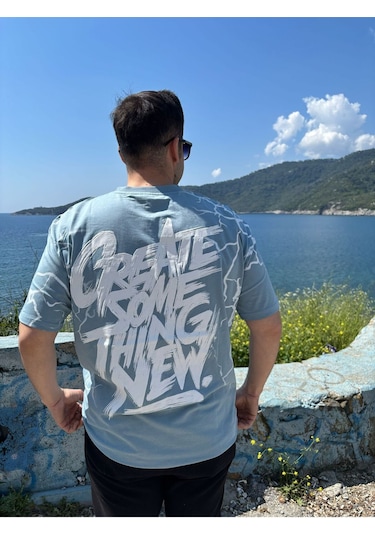Erkek Bisiklet Yaka Oversize Baskılı T-shirt Turkuaz