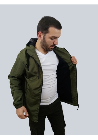 Erkek Kapüşonlu File Detaylı Haki Yağmurluk Haki