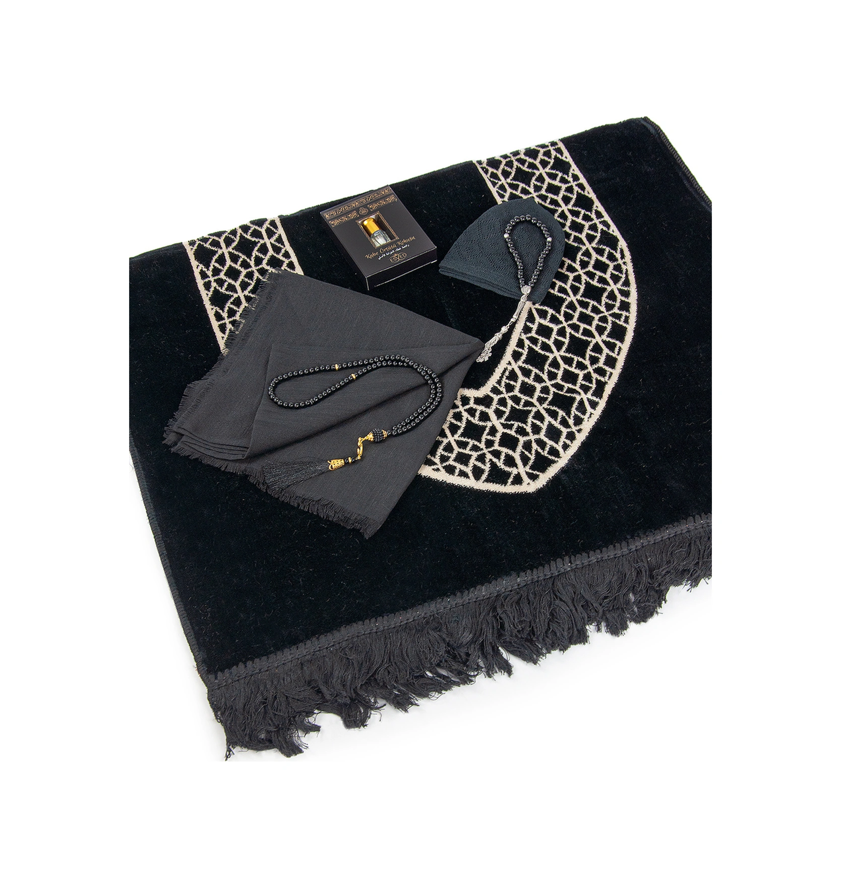 10 Adet İsme Özel Kutulu Mevlüt Hediyelik Seti Kadife Seccade,tesbih,esans,takke,örtü Çeyizlik Set Siyah