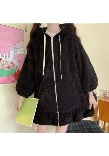 Sonbahar Kış Kadın Hoodie Tavşan Kulaklar Kapşonlu Fermuar Peluş Ceket Lolita Elastik Manşet Kazak Ceket Alışveriş İçin Siyah Sonbahar Kış Kadın Hoodie Tavşan Kulaklar Kapşonlu Fermuar Peluş Ceket Lolita Elastik Manşet Kazak Ceket Alışveriş İçin Siyah