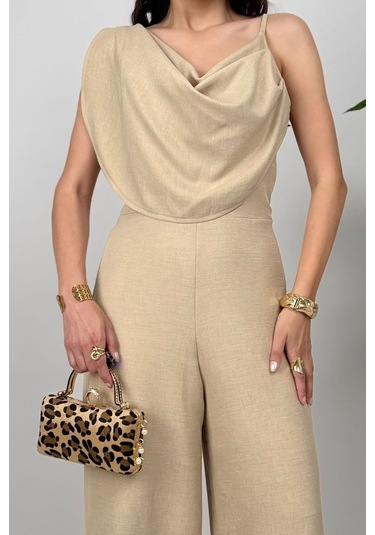 Élan Kadın Taş Drapeli Detaylı Tulum Dokulu Kumaş Şıklığı Taş