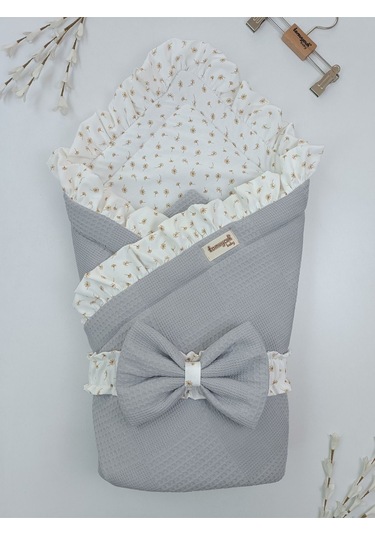 Pike Bebek Battaniyesi Dış Kundağı %100 Pamuklu Çiçek Desenli Yenidoğan Hastane Çıkışı Mevsimlik Gri