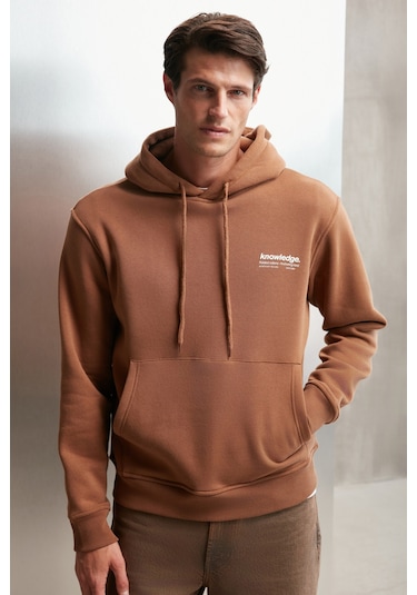 Grimelange Martel Erkek Yumuşacık Içi Polarlı Baskılı Regular Kordonlu Açık Kahverengi Sweatshirt