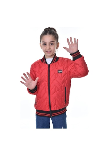 Kız Çocuk Kolej Yaka Astarlı Su Ve Rüzgar Geçirmez Fermuarlı Mont Ceket Kırmızı